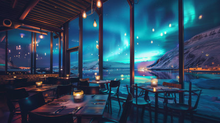 A cozy cafe with large windows offering a panoramic view of the northern lights, providing a magical ambiance for patronsの素材
