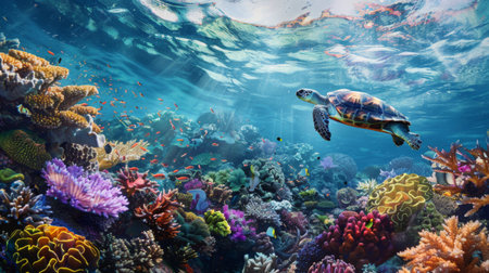 A surreal underwater scene with a tortoise gracefully swimming among colorful coral reefs.の素材