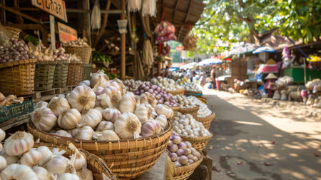 A vibrant market scene with baskets overflowing with fresh garlic bulbs, a staple ingredient in Thai cuisine.の素材