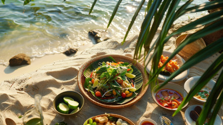 A tropical beach picnic featuring som tam salad, the perfect accompaniment to a day of sun, sand, and sea.の素材