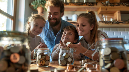 A happy family celebrating around a table filled with jars of saved coins, commemorating their collective efforts towards financial stability.の素材