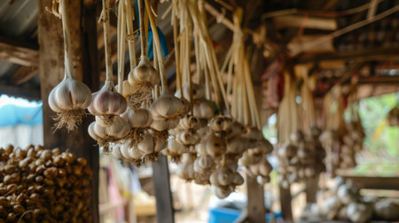 A traditional Thai kitchen with strings of garlic bulbs hanging to dry, preserving their flavor for use in future culinary creations.の素材
