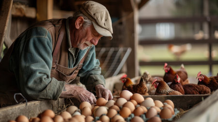 A farmer carefully inspecting freshly gathered eggs, marveling at the beauty and abundance provided by dedicated mother hens.の素材
