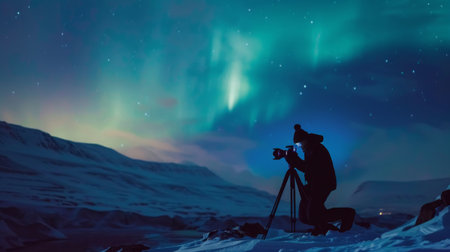 A photographer capturing the beauty of the aurora borealis with a camera set up on a snowy hillside, freezing the moment in time.の素材