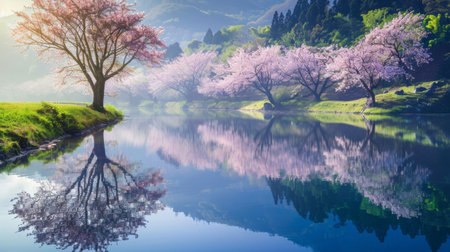 A tranquil riverside scene with sakura trees reflected in the water, creating a serene mirror image of natural beauty.の素材