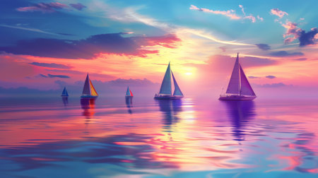 A serene sunset scene with colorful sailboats gliding across calm waters, a tranquil moment of beauty and relaxation.の素材