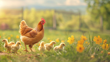 A vibrant rural scene with a mother hen leading her chicks on a sunny day, a heartwarming display of maternal care and guidance.の素材