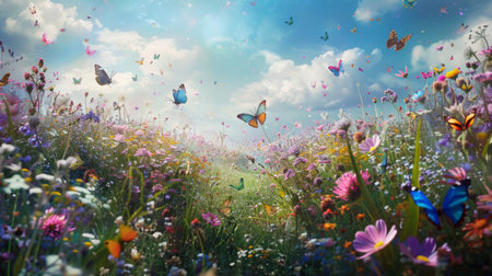 A field of wildflowers adorned with an array of colorful butterflies, a picturesque scene straight from a fairy tale.の素材