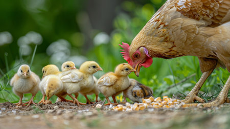 A group of fluffy chicks eagerly pecking at feed scattered by their attentive mother hen, learning valuable lessons in survival.の素材