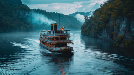 A vintage steamboat churning down a winding river, a nostalgic reminder of a bygone era of leisurely travel.の素材