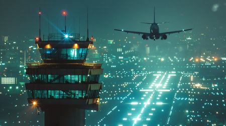 An airport control tower against a backdrop of city lights at night, overseeing the safe takeoff and landing of aircraft with precision and expertise.の素材