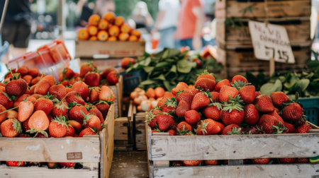 A vibrant farmers' market stall brimming with crates of ripe strawberries, attracting eager customers with their irresistible freshnessの素材