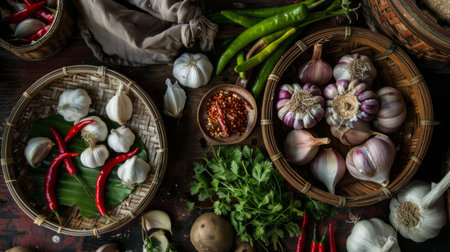 A traditional Thai cooking class featuring garlic as a central ingredient in a variety of flavorful dishesの素材