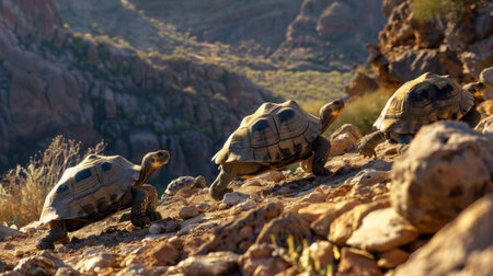 A family of tortoises crossing a rugged mountain trail, symbolizing perseverance and unity.の素材
