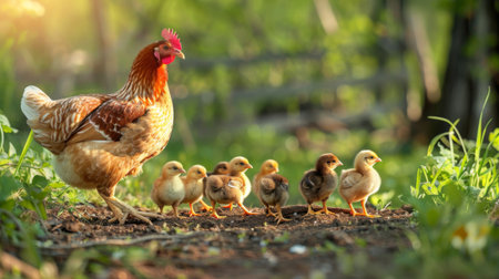 A vibrant rural scene with a mother hen leading her chicks on a sunny day, a heartwarming display of maternal care and guidance.の素材