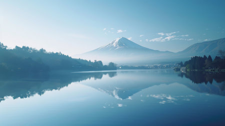 A tranquil riverside scene with Mount Fuji reflected in the calm waters, creating a picture-perfect reflection of Japan's natural beauty.の素材