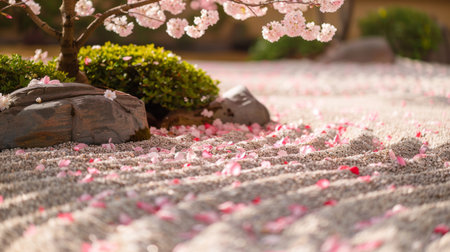 A tranquil zen garden with sakura petals strewn across the raked gravel, evoking a sense of calm and tranquility.の素材