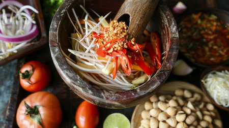 A wooden mortar and pestle filled with ingredients for som tam, ready to be transformed into a flavorful salad.の素材