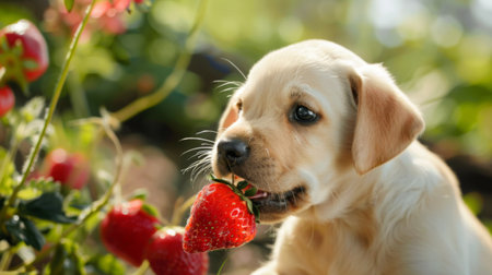 An adorable puppy eagerly munching on a juicy strawberry, capturing the innocence and delight of discovering new flavors.の素材