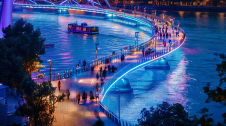 A lively riverside promenade with a modern bridge adorned with decorative lighting, bustling with activity and vibrant energy after dark.の素材