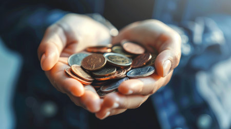 A person holding a handful of coins, contemplating the importance of small savings contributions towards a brighter future.の素材