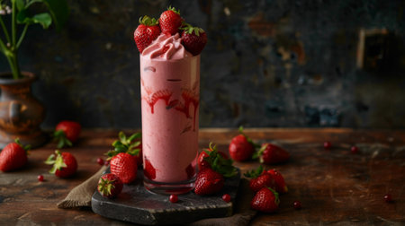 A refreshing strawberry smoothie served in a tall glass, adorned with whole berries for a delightful visual appeal.の素材