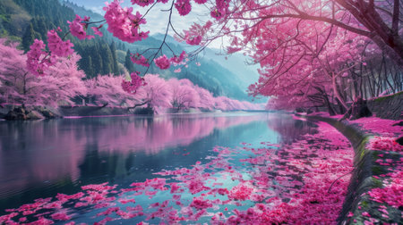 A panoramic view of a sakura-lined riverbank, a breathtaking display of nature's beauty in full bloom.の素材