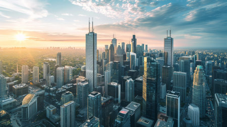 An aerial view of a city's downtown district, dominated by sleek high-rise buildings reaching towards the sky, symbolizing progress and prosperity.の素材