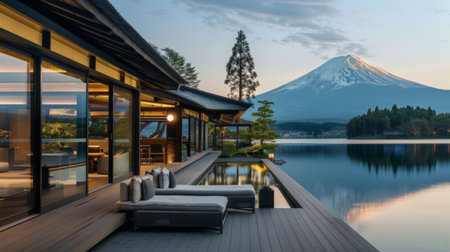 A serene lakeside retreat with Mount Fuji reflected in the calm waters, offering a tranquil escape from the hustle and bustle of city life.の素材
