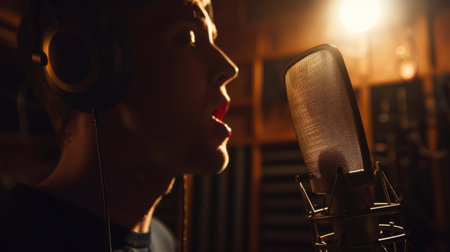 A vocalist recording in a professional studio, microphone in hand, capturing the raw emotion of their performance in crystal-clear qualityの素材