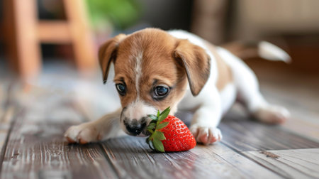 An adorable puppy eagerly munching on a juicy strawberry, capturing the innocence and delight of discovering new flavors.の素材