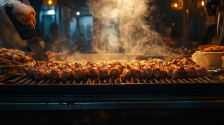 An artistic shot of sausages being grilled, with oil sizzling and juices dripping, conveying the mouthwatering appeal of freshly cooked meat.の素材