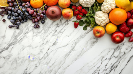 An elegant arrangement of fresh fruits and vegetables on a white marble countertop, emphasizing the beauty of natural ingredients in cooking.の素材