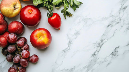 An elegant arrangement of fresh fruits and vegetables on a white marble countertop, emphasizing the beauty of natural ingredients in cooking.の素材