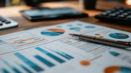 A detailed view of a financial report with various graphs and charts, including line, bar, and pie charts, laid out on a desk with a pen and calculator.の素材