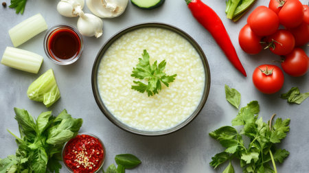 An overhead shot of a beautifully arranged breakfast table featuring a bowl of hot rice porridge, accompanied by condiments like soy sauce, chili paste, and fresh vegetables.の素材