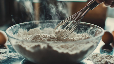 A close-up of a whisk mixing ingredients in a glass bowl, with flour and eggs scattered around, illustrating the hands-on process of baking.の素材