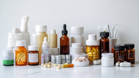 A collection of common household medicines, including cough syrup, vitamins, and topical ointments, arranged on a white counter for easy access and organization.の素材