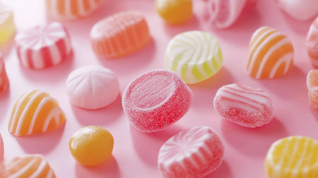 A colorful assortment of round, shiny candies scattered across a vibrant background, showcasing various flavors and hues, evoking a sense of fun and sweetness.の素材