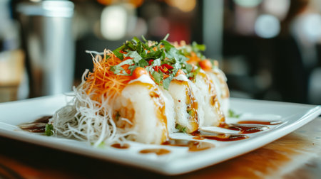 A beautifully plated dish featuring an elegant arrangement of food, garnished with fresh herbs and drizzled with sauce, highlighting the artistry of culinary presentation.の素材