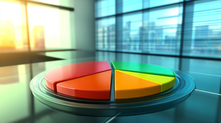 A close-up of a financial pie chart displayed on a computer screen, with segments highlighting different data categories, set in a modern office environment.の素材