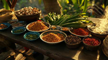 A close-up of a colorful assortment of Thai spices and condiments arranged on a wooden table, showcasing the rich flavors that define Thai cooking.の素材