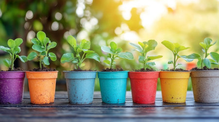 A colorful assortment of tree saplings in biodegradable pots lined up on a wooden table, ready to be planted in the ground, emphasizing eco-friendly gardening.の素材