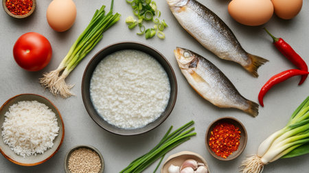 A collection of vibrant ingredients laid out for preparing rice porridge, including various toppings like fried fish, green onions, and chili flakes, showcasing variety.の素材