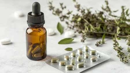 A close-up of a bottle of herbal medicine and a blister pack of tablets, placed on a white background to highlight natural and traditional remedies for common ailments.の素材