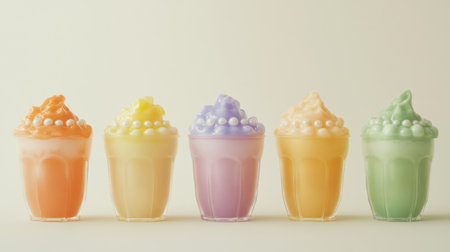 A colorful array of bubble tea drinks in various flavors, such as matcha, fruit, and classic milk tea, each with pearls and vibrant colors, set against a clean white background.の素材