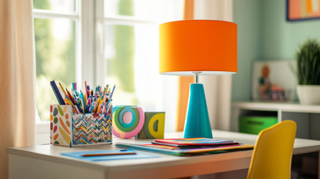 A colorful table lamp with a fun, playful design, brightening up a childs study desk filled with school supplies and creative art projects.の素材
