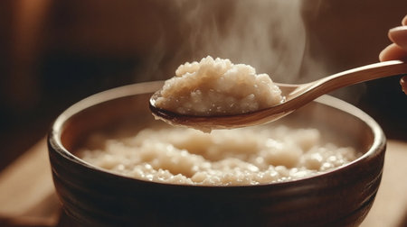 A close-up view of a spoonful of creamy rice porridge being lifted from a bowl, with droplets of steam rising, evoking warmth and comfort in every bite.の素材