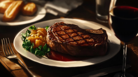 A fine dining setting with a beautifully plated steak, paired with gourmet sides and a glass of red wine, emphasizing an elegant and sophisticated meal.の素材
