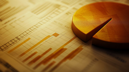A detailed close-up of a pie chart and line graph combination on a printed report, emphasizing business statistics and analysis in a tidy office setting.の素材
